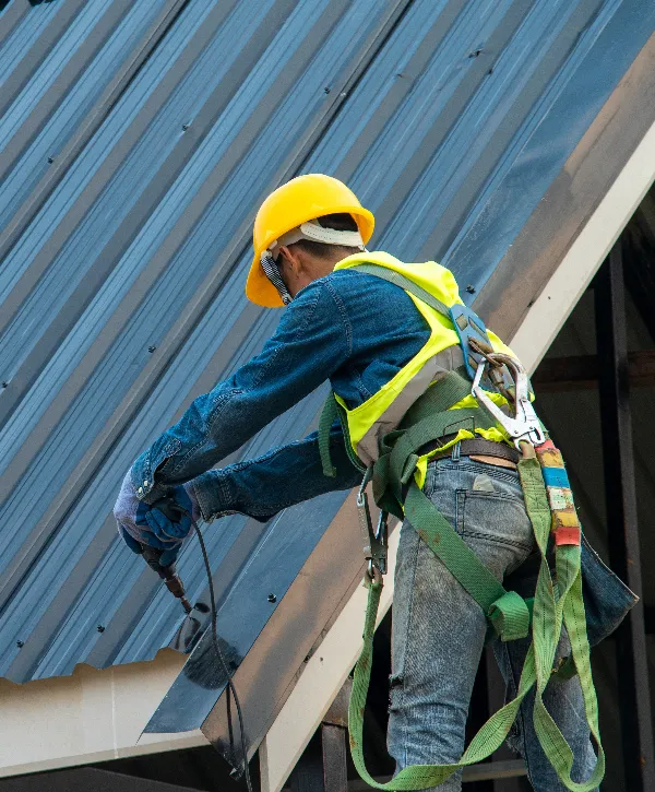 a worker installing metal roofing sheets, highlighting the use of safety equipment during a roof replacement project