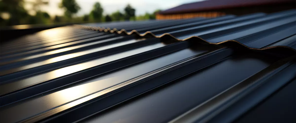 Close-up detail showing the smooth texture and ridges of dark metal roofing sheets.