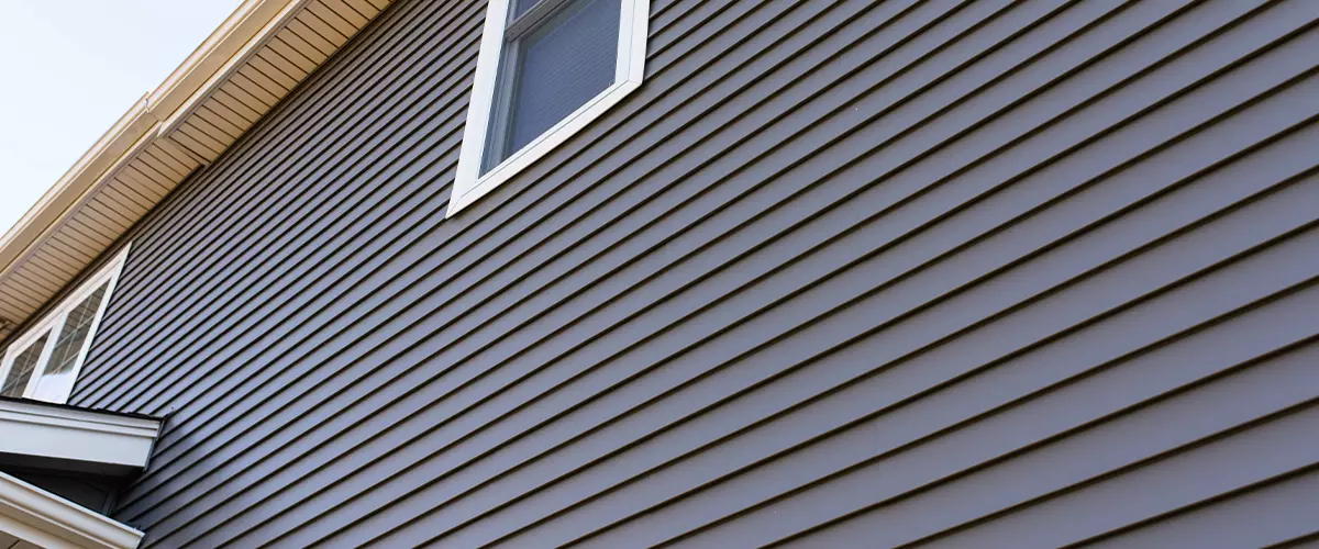 Angled view of dark grey horizontal lap siding installed on a residential wall with contrasting white window frames.