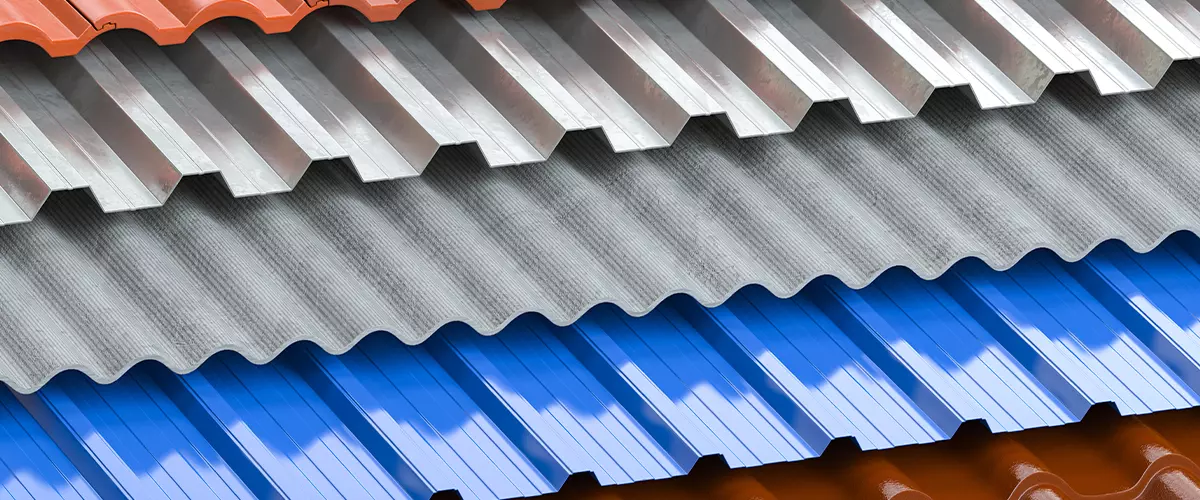 Close-up view of layered corrugated roofing sheets in grey, blue, and brown colors showing the wave pattern.