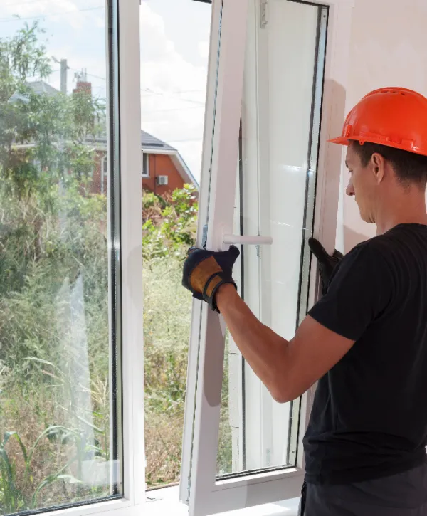 a worker installing or replacing a window, likely a uPVC (unplasticised polyvinyl chloride) double-glazed unit