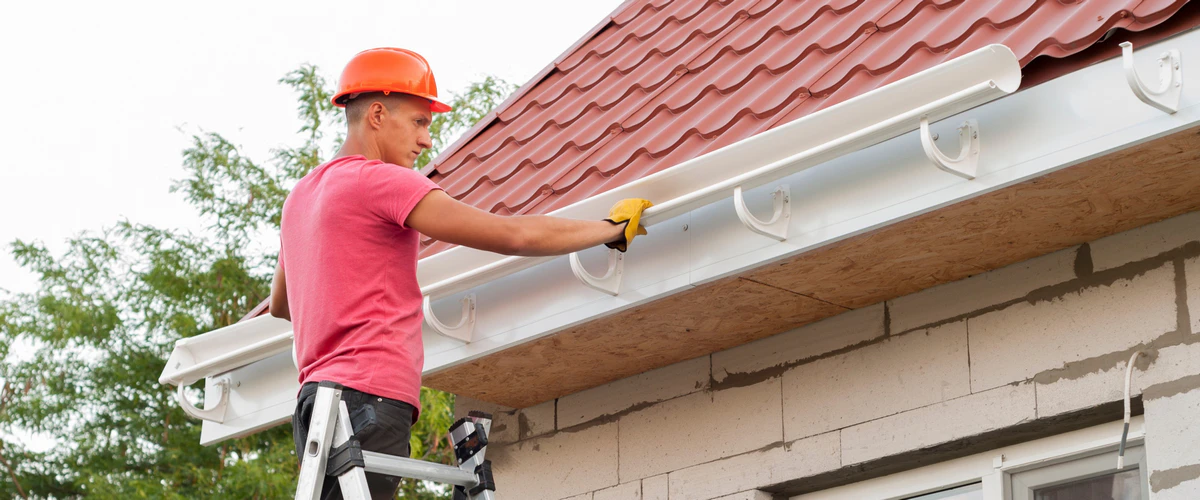 A professional contractor wearing an orange hard hat and safety gloves standing on a ladder to install a white plastic gutter system on the edge of a red tiled roof.
