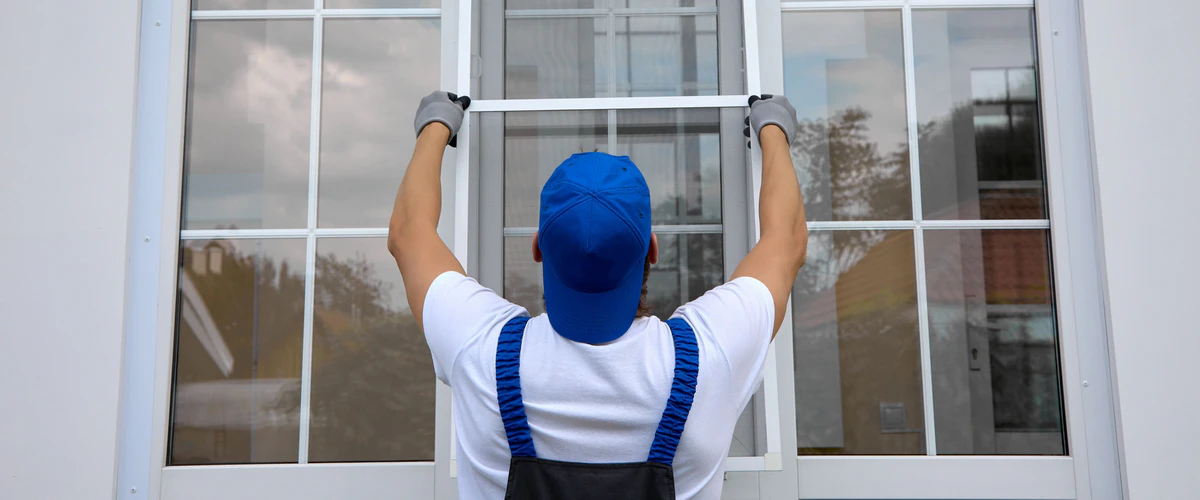 A professional service technician in a blue cap and work overalls installing a white frame insect screen on a large glass window.
