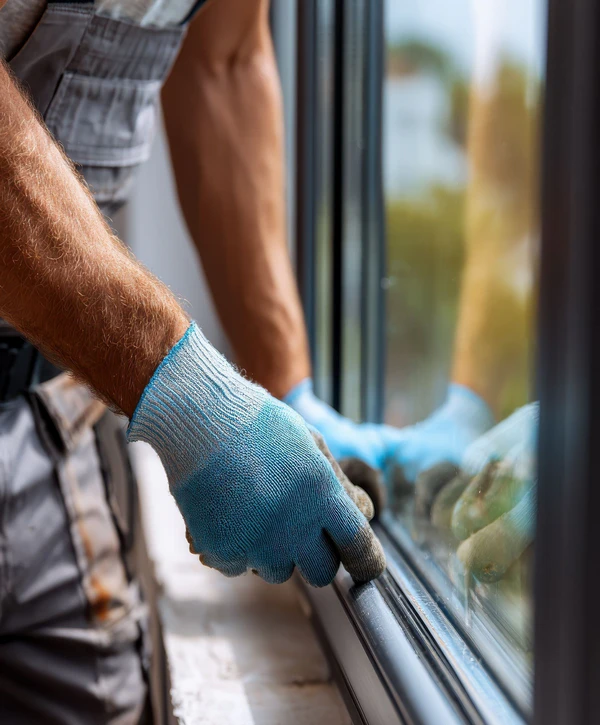 A close-up of a contractor’s gloved hands carefully sealing a frame during a window installation in Colts Neck, NJ.