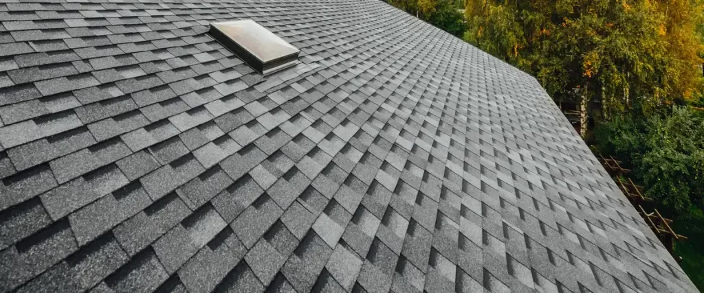 An expansive view of a steep charcoal gray shingles roof featuring an integrated skylight window surrounded by autumn trees.