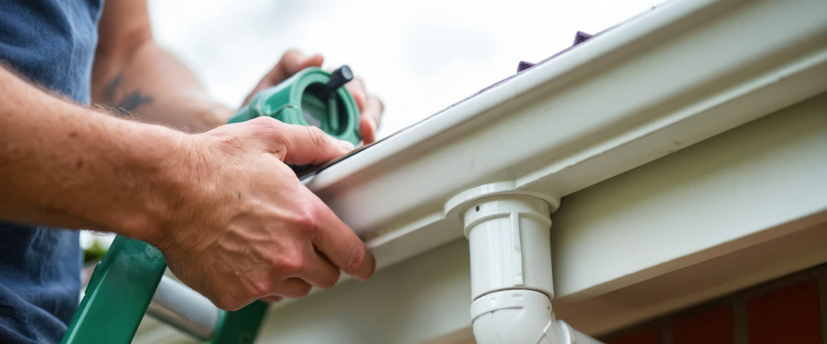 A detailed close-up shot of hands securing a white aluminum downspout elbow during a comprehensive gutter repair and drainage system upgrade.