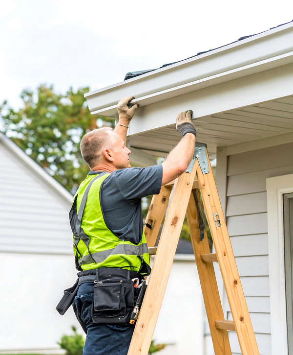 An expert technician wearing a safety vest standing on a wooden ladder while completing a high-quality gutter repair in Colts Neck, NJ for a suburban home.