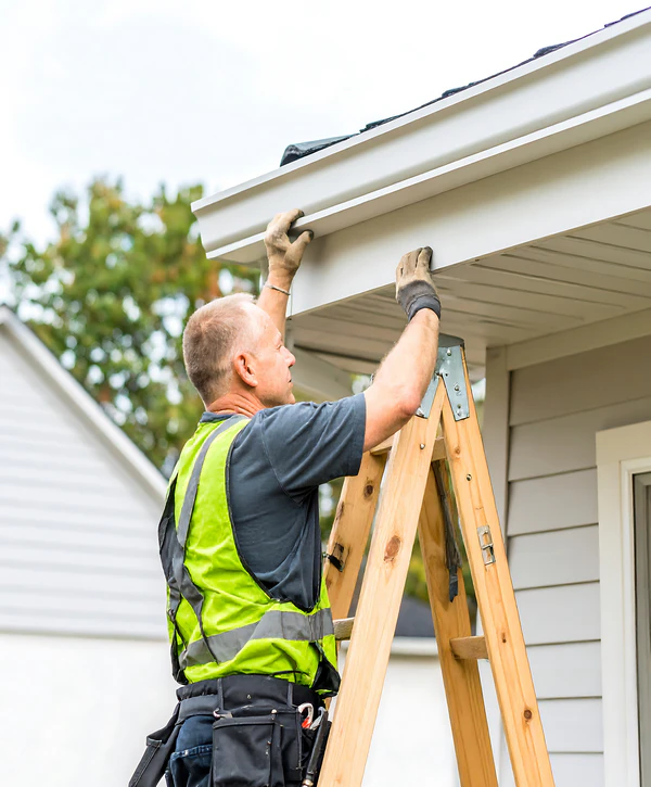 A professional contractor standing on a wooden ladder installing a new white gutter system during a gutter replacement in Colts Neck, NJ.