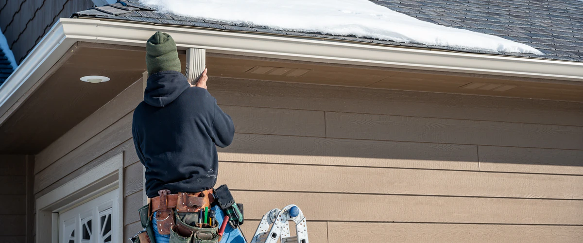 A service technician working on a snowy roofline to complete a critical gutter repair and downspout alignment to prevent winter water damage.