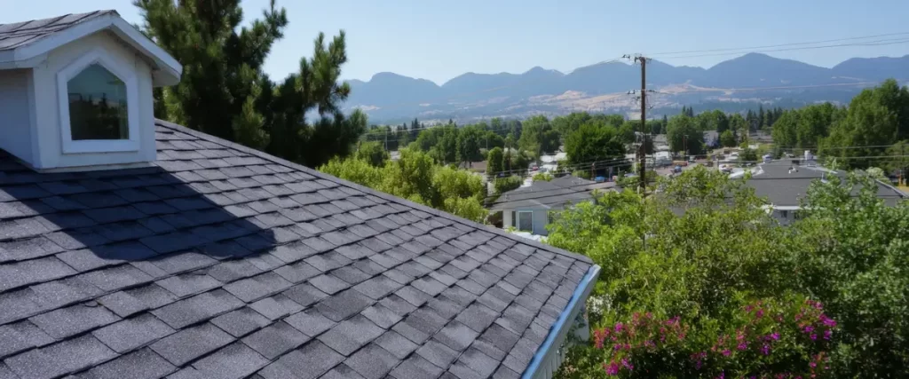 A wide view of a residential roof featuring synthetic shingles with a dormer window overlooking a scenic mountain valley.