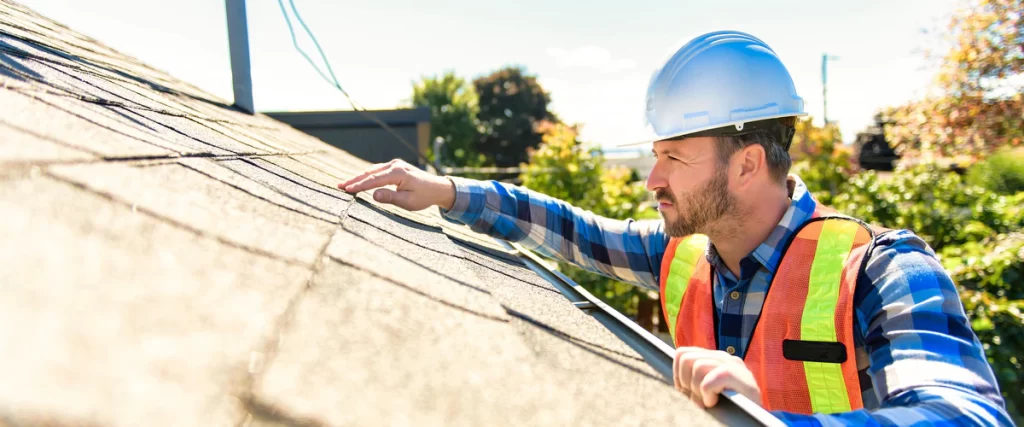 A professional roofer wearing a white hard hat and orange safety vest performs a hands-on shingles inspection on a tan sloped roof during a sunny day.
