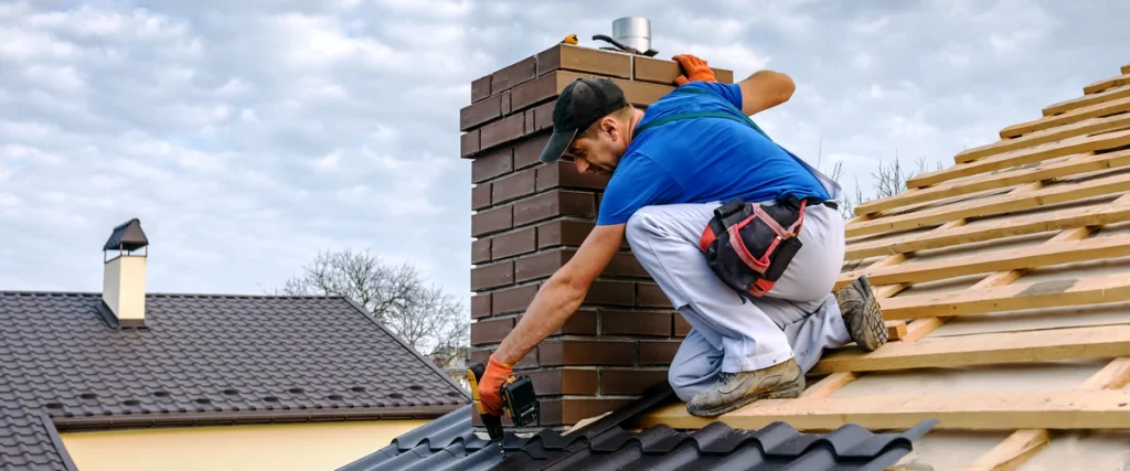 A roofing contractor in a blue shirt using a power drill to install dark metal roofing panels around a brick chimney structure.