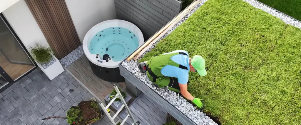 An eco-friendly sustainable urban green roof covered in living plants and vegetation.