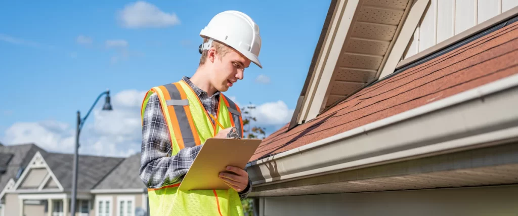 A professional contractor conducting a detailed roof inspection for structural integrity.