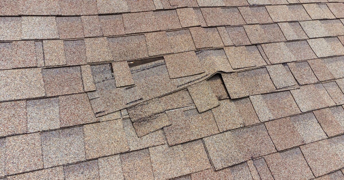 Close up of severely buckled and missing asphalt shingles, which are clear signs you need a new roof before water damage occurs.