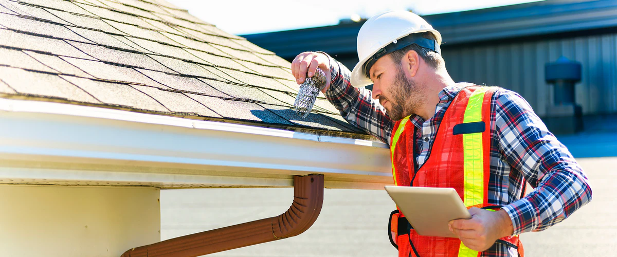 A professional roof inspector wearing a safety vest and hard hat holds a digital tablet while closely examining the edge and gutter system during an inspection.
