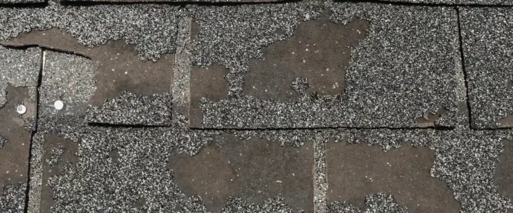Close-up texture of highly degraded asphalt shingles experiencing massive granule loss and bald spots, a prime indicator of a failing and aging roof.