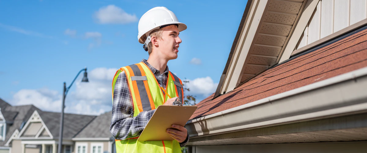 A young contractor wearing a white hard hat and safety vest holds a clipboard while evaluating an asphalt shingle roof during a routine inspection.