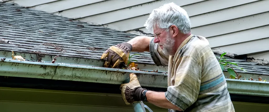 Homeowner cleaning clogged rain gutters by hand to prevent water damage and improve roof drainage